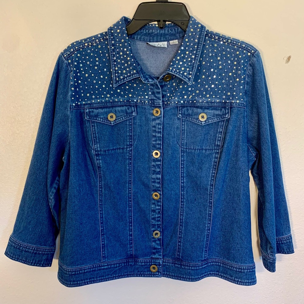 Joan Rivers Womens Large Blue Denim Jacket 3/4 Sleeve Rhinestone‎ Embellished